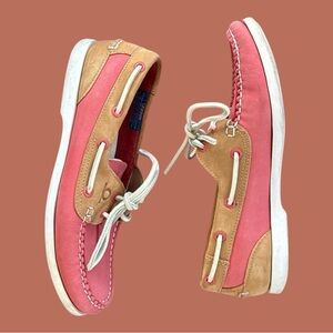 Chatham Pippa G2 Boat Shoes in Coral and Tan US 5.5